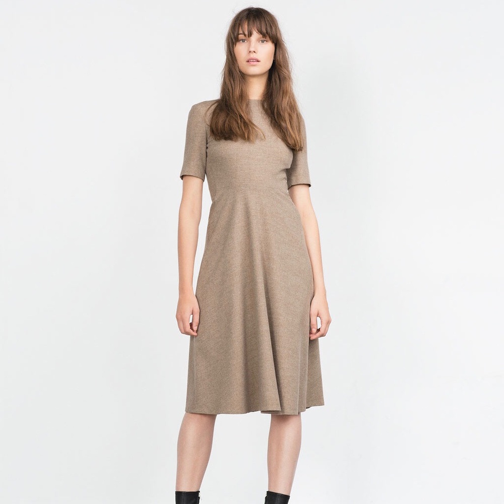 Zara | Tan Wool Blend Short Sleeve Midi Dress